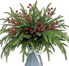 Pack of 30 Christmas Norfolk Pine Branches with Red Berry Stems, 35cm/14" Artificial Greenery Norfolk Pine Stems Real Touch Fake Foliage Picks for DIY Craft Garland Home Decoration (Red berry)