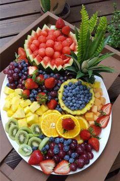 a platter filled with lots of different types of fruit