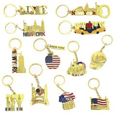 the new york city keychains are all different colors and designs, including one with an american flag