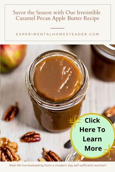 a jar filled with caramel pecan apple butter