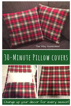 three different plaid pillows with the words 30 minute pillow covers