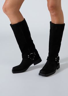 Staying on trend has never been easier with Biker. Featuring a squared toe shape and side accent, this calf boot remains a classic staple for anyone who desires just a little bit of edge. Pair with jeans, a knitted dress or mini skirt, the options are endless. -Material: Suede Leather -Sole: Rubber -Fit:True to size -Toe-shape: Square -Features:Metal ring detail -Heel: 3.5cm Leg Height x Calf Circumference x Opening Circumference 5 – 322mm x 353mm x 376mm 5.5 -326.5mm x 358.5mm x 382mm 6 – 331mm Black Cameo, Thigh High Boots Flat, Embellished Heels, Metallic Shoes, Tony Bianco, Bow Heels, Slingback Shoes, Low Boots, Stylish Boots