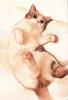 a painting of a cat laying on its back