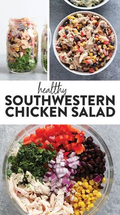 healthy southwestern chicken salad with black beans, tomatoes, corn and cilantro