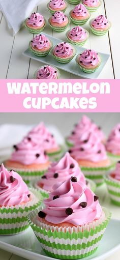 Beautiful and delicious watermelon cupcakes with chocolate chips. Hot Pink Frosting, Watermelon Treats, Summer Cupcake, Family Blessings, Fruit Cupcakes