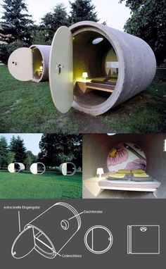 an unusual bed in the shape of a barrel with its lights on and inside it