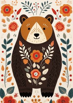 a brown bear surrounded by flowers and leaves