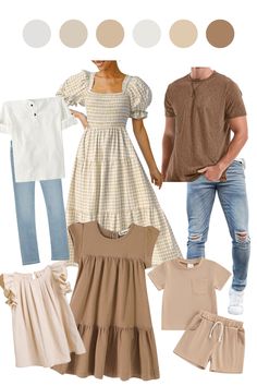 color coordinating neutral family photo outfit idea Brown And White Family Photo Outfits, Spring Outfits For Family Pictures, Outdoor Summer Family Picture Outfits, Beige Family Photo Outfits, Summer Family Picture Outfits, Family Photo Outfits Summer, Neutral Family Picture Outfits, Neutral Family Photos, Family Photo Outfits Winter