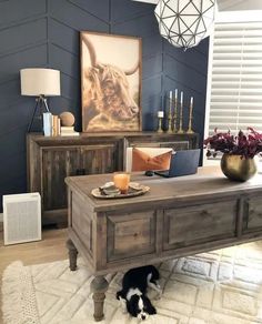 a dog laying on the floor in front of a coffee table