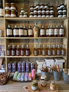 lavender, apothecary shelves, syrups, cocktail mixers, Small Apothecary Business, Apothecary Store Display, Apothecary Business Ideas, Apothecary Set Up, Old Apothecary Shop, Apocathary Aesthetic, Apothecary Shop Ideas