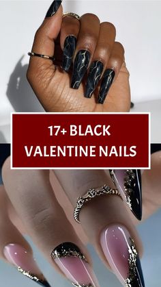 17+ Black Valentine Nails Black Fingernails Designs, Trendy Black Nail Designs, Metallic Black Nails, Elegant Black Nails, Black And Red Ombre, Valentine Nail Ideas, Black Ombre Nails, Black Gel Nails, Red And Gold Nails