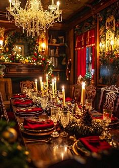 a dining room table set for christmas dinner