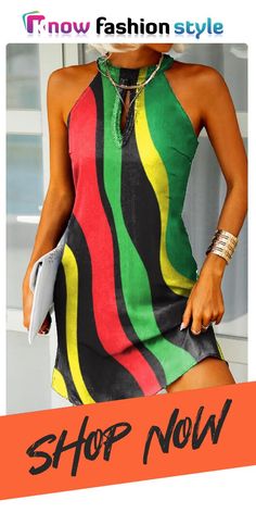 knowfashionstyle Rainbow Casual Halter Sleeveless Hollowed Out Midi Dress Casual Multicolor Sleeveless Dress, Casual Multicolor Sleeveless Dress For Beach Season, Trendy Sleeveless Mini Dress For Beach Season, Trendy Sleeveless Beach Dresses, Casual Multicolor V-neck Sleeveless Dress, Casual Sleeveless Dress For Beach Party, Non-stretch Sleeveless Trendy Mini Dress, Non-stretch Sleeveless Mini Dress, Chic Multicolor Sleeveless Mini Dress