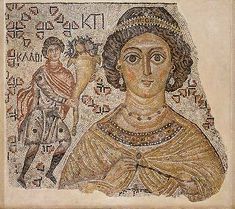 an ancient roman mosaic depicting a woman holding a bird