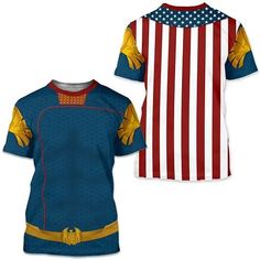 an american flag shirt with gloves on the chest and hands in yellow gloves, standing next to a blue t - shirt