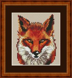 a cross stitch picture of a fox with a bow tie on it's head