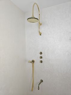 a shower head and hand shower in a white walled bathroom with gold faucet