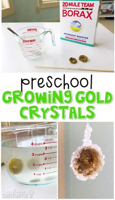 the process for growing gold crystals is shown in this collage with text overlay