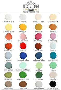 the color chart for milk paint is shown in this image, it shows different colors