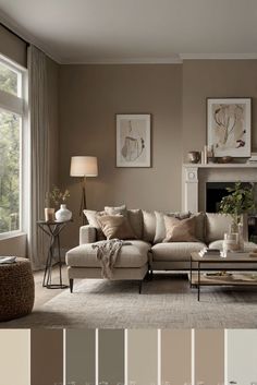 a living room filled with furniture and lots of different shades of grays, browns