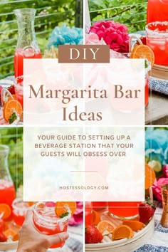 margarita bar with oranges, strawberries and drinks on the table for guests to enjoy