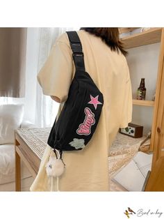 BirdinBag - Stylish Water-Resistant Nylon Chest and Waist Bag with Star Pattern and Pendant Trendy Shoulder Bag For Outdoor Activities, Black Casual Canvas Bag For Outdoor Activities, Trendy Nylon Chest Bag, Black Casual Canvas Bag For Outdoor Use, Casual Black Canvas Bag For Outdoor Activities, Black Casual Canvas Bag For Outdoor, Casual Black Canvas Bag For Outdoor, Star Pattern, Waist Bag