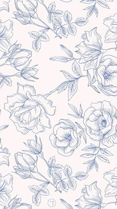 a blue and white flower pattern on a light pink wallpaper with lots of flowers