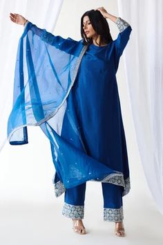 Shop for Koashee by Shubitaa Blue Silk Embroidered Zardozi Kurta Set for Women Online at Aza Fashions Blue Silk Kurta For Festive Occasions, Festive Blue Silk Kurta, Blue Semi-stitched Kurta With Dori Work, Semi-stitched Blue Kurta With Dori Work, Blue Churidar With Dori Work, Blue Slub Silk Dupatta With Gota Work, Transitional Blue Chanderi Kurta, Blue Silk Palazzo Set With Resham Embroidery, Blue Unstitched Suit With Sheer Dupatta For Navratri