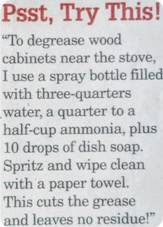 a newspaper clipping with the words pest, try this to degreasee wood cabinets near the stove