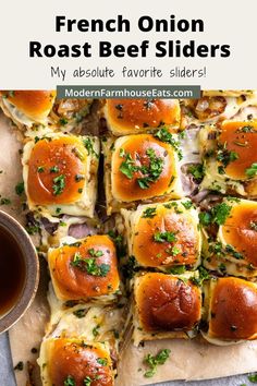 french onion roast beef sliders with melted cheese and parsley