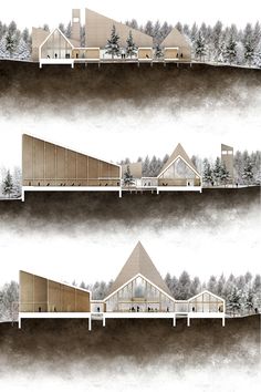 three different views of a building with trees in the background and snow on the ground