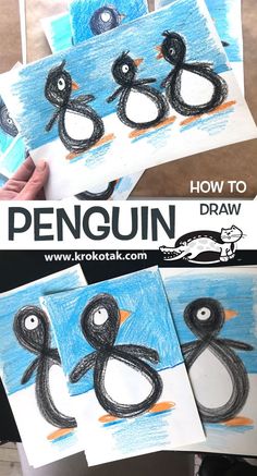 penguins are drawn on paper and placed in front of each other to make them look like they