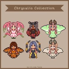 six pixel art style characters in different colors and sizes, with the words chrysais collection