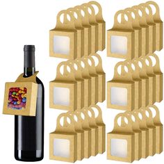 a bottle of wine and some brown paper bags with candies on them next to each other