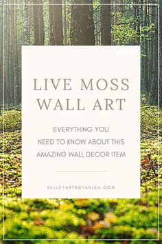 the words live moss wall art are in front of a forest filled with green plants