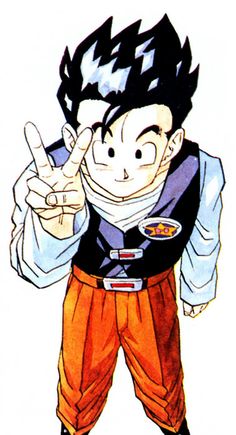 an image of a cartoon character giving the peace sign with his hand and wearing orange pants