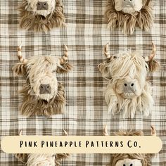 the pattern is made up of four different animal heads on a checkered blanket with text that reads pink pineapple patterns co