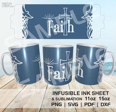 three coffee mugs with the words faith and an image of a cross on them