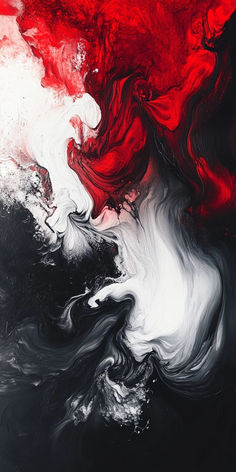 an abstract painting with red, white and black colors