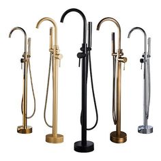 four different types of shower faucets in gold, black, and silver colors