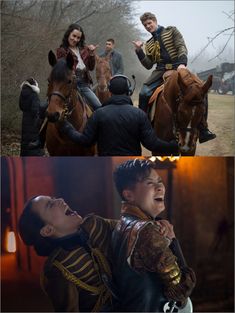 two pictures of people riding horses and one has his mouth open while the other is laughing