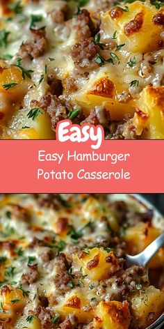 an easy hamburger potato casserole is shown