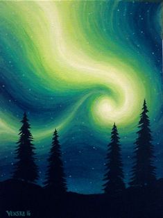 an acrylic painting of the night sky with green and blue aurora bores