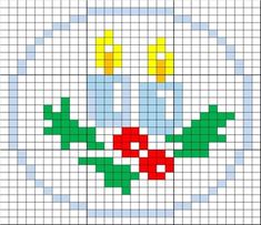 a cross stitch christmas ornament with two candles on it's face and holly leaves