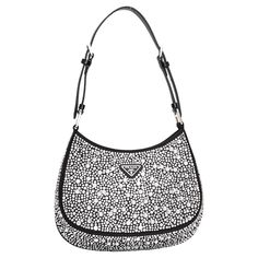 Satin shoulder bag in black featuring crystal-cut appliqués throughout.  Adjustable shoulder strap at top. Logo plaque at face. Press-stud closure at main compartment. Patch pocket at interior. · H 7.5 x W9 x D1 in COLOR: black with sliver crystals MATERIAL: Satin with crystals ITEM CODE: 165 MEASURES: H 7.5” x L 9” x D 1” DROP: 10” COMES WITH: Dust bag CONDITION: New Made in Italy Prada Diamond Bag, Sparkly Prada Bag, Prada Rhinestone Bag, Prada Crystal Bag, Prada Bag Black, Bag Closet, Prada Purses, Hand Bags For Women, Glitter Bag