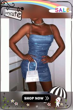 Light Blue Rhinestone Pleated Sling Bodycon Dress Glamorous Blue Bodycon Summer Dress, Glamorous Blue Bodycon Dress For Summer, Light Blue Spaghetti Strap Bodycon Party Dress, Blue Spaghetti Strap Bodycon Party Dress, Blue Rhinestones, Light Blue, Bodycon Dress, Womens Dresses, Dresses