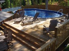 an above ground pool surrounded by deck chairs