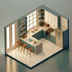 an open kitchen and dining area in a cut out house model with furniture on the floor