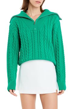 Cabled and rib stitches create subtle textural contrast on this layer-ready quarter-zip sweater. Quarter-zip closure Stand collar Long sleeves 100% cotton Hand wash, dry flat Imported Spring Half-zip Sweater With Ribbed Collar, Winter Cable Knit Half-zip Sweater, English Factory, Quarter Zip Sweater, Perfume Gift Sets, Fragrance Design, Zip Sweater, Green Sweater, Sam Edelman Shoes