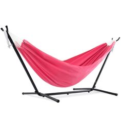 a pink hammock sitting on top of a metal stand